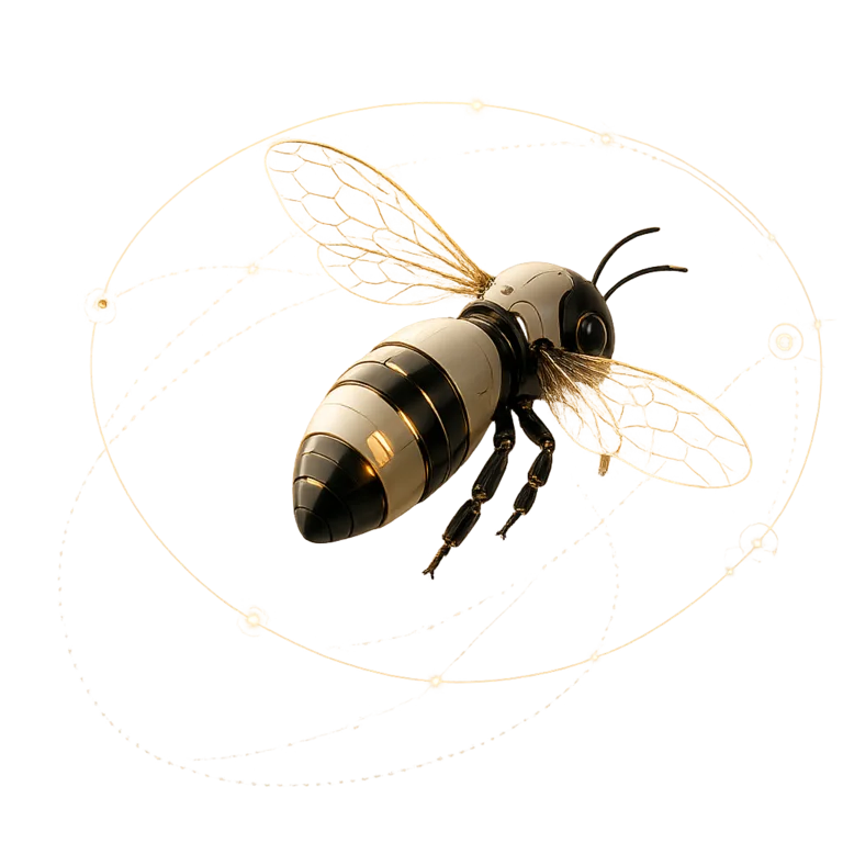 Agentic Swarm robotic bee representing coordinated AI agents